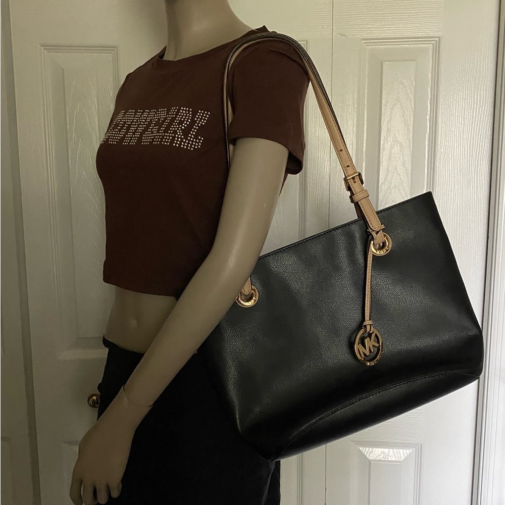 Michael Kors Jet Set Travel Black Saffiano Leather Tote Shoulder Bag Purse
